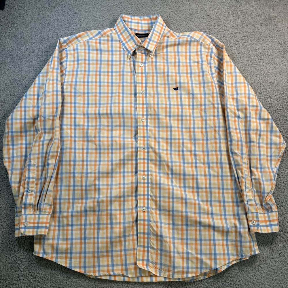 Southern Marsh Mens 2X Orange Blue Plaid Wrinkle Free Button Down Shirt VSGE37